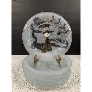 6 Vtg Celebrations Crystal Clear Frosted Plates Night Before Christma 7.25" Diam